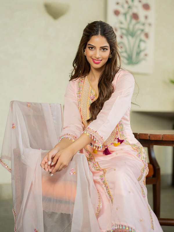 Women’s P.V. Chanderi Embroidered Kurti With Stitched Bottom & Dupatta Set