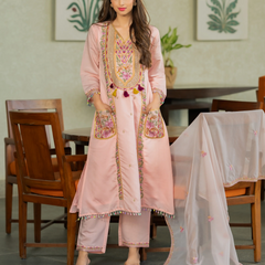 Women’s P.V. Chanderi Embroidered Kurti With Stitched Bottom & Dupatta Set