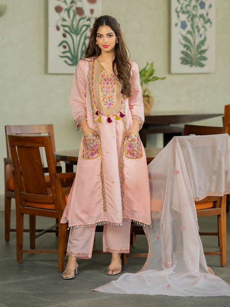 Women’s P.V. Chanderi Embroidered Kurti With Stitched Bottom & Dupatta Set