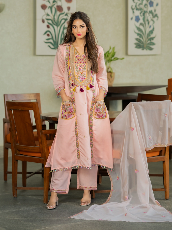 Women’s P.V. Chanderi Embroidered Kurti With Stitched Bottom & Dupatta Set