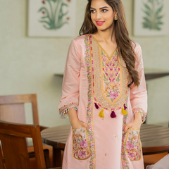 Women’s P.V. Chanderi Embroidered Kurti With Stitched Bottom & Dupatta Set