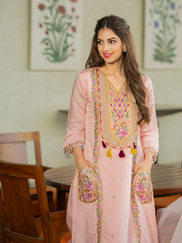Women’s P.V. Chanderi Embroidered Kurti With Stitched Bottom & Dupatta Set