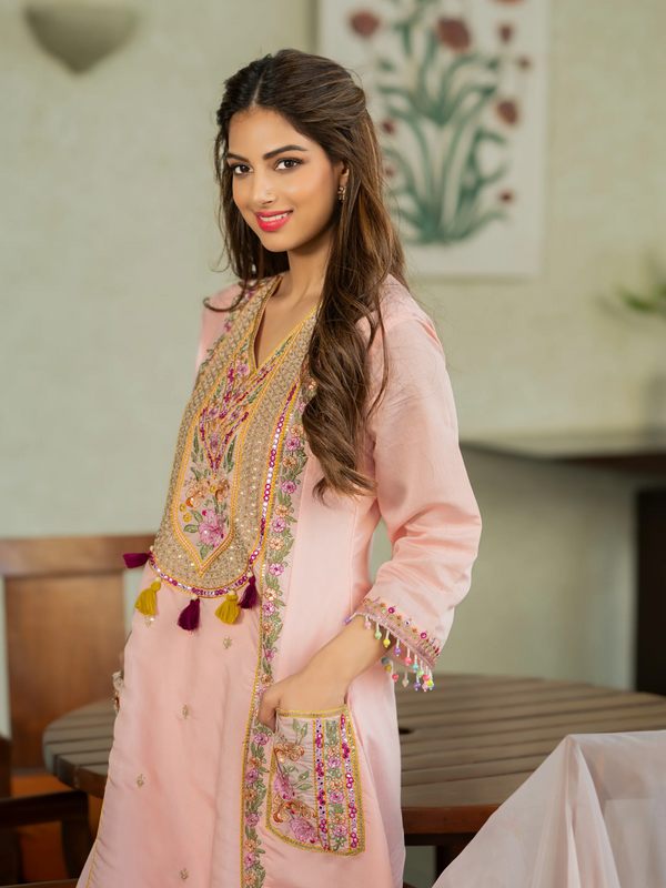 Women’s P.V. Chanderi Embroidered Kurti With Stitched Bottom & Dupatta Set