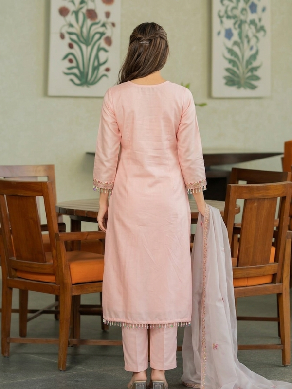 Women’s P.V. Chanderi Embroidered Kurti With Stitched Bottom & Dupatta Set