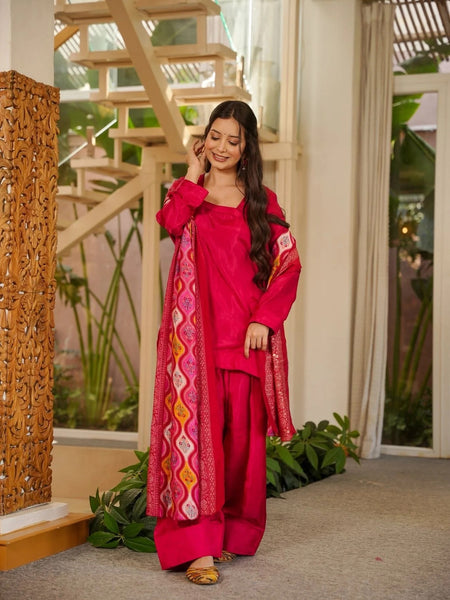 Women’s Silk Crepe Kurti with Patiala Gharara & Printed Chinnon Dupatta Set