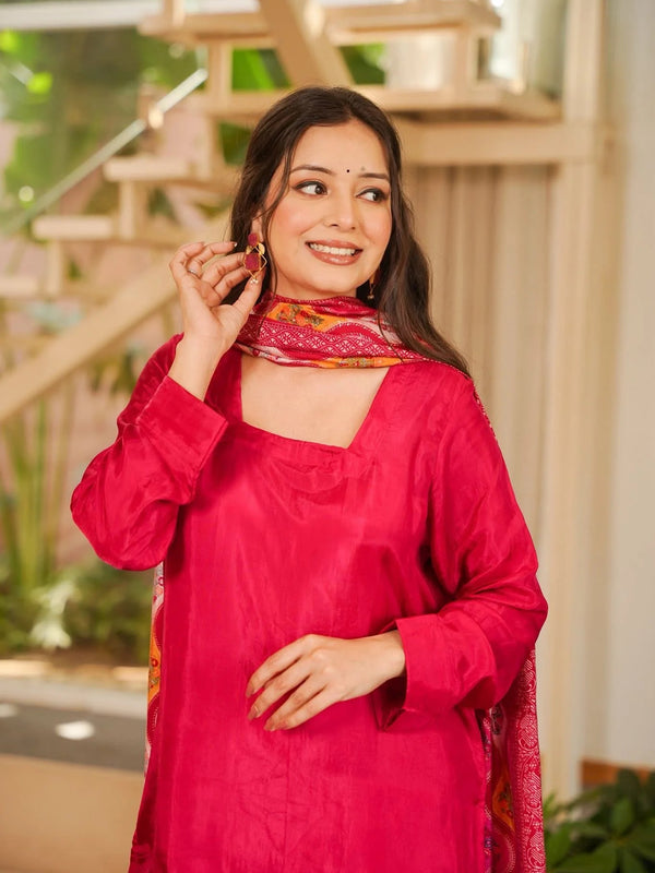 Women’s Silk Crepe Kurti with Patiala Gharara & Printed Chinnon Dupatta Set