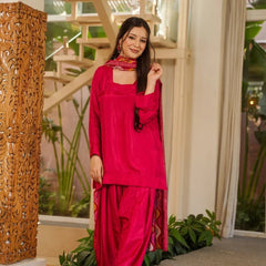 Women’s Silk Crepe Kurti with Patiala Gharara & Printed Chinnon Dupatta Set