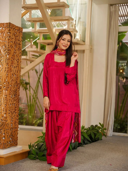 Women’s Silk Crepe Kurti with Patiala Gharara & Printed Chinnon Dupatta Set