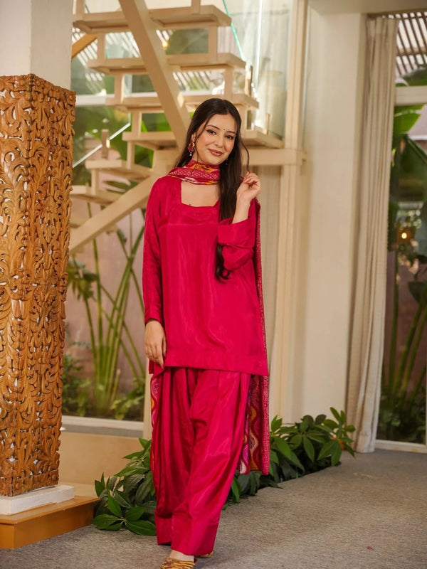 Women’s Silk Crepe Kurti with Patiala Gharara & Printed Chinnon Dupatta Set
