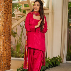 Women’s Silk Crepe Kurti with Patiala Gharara & Printed Chinnon Dupatta Set