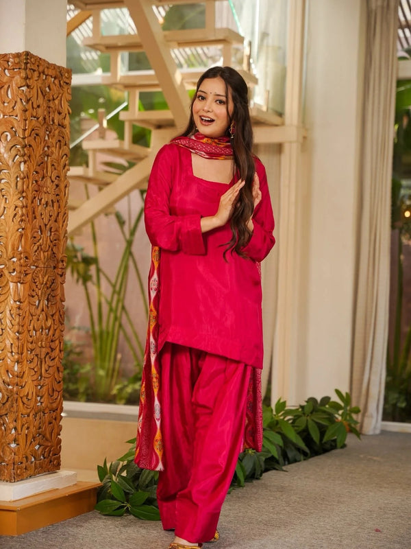 Women’s Silk Crepe Kurti with Patiala Gharara & Printed Chinnon Dupatta Set