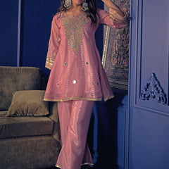 Women's Embroidered Silk Crepe Short Kurta With Pant Set