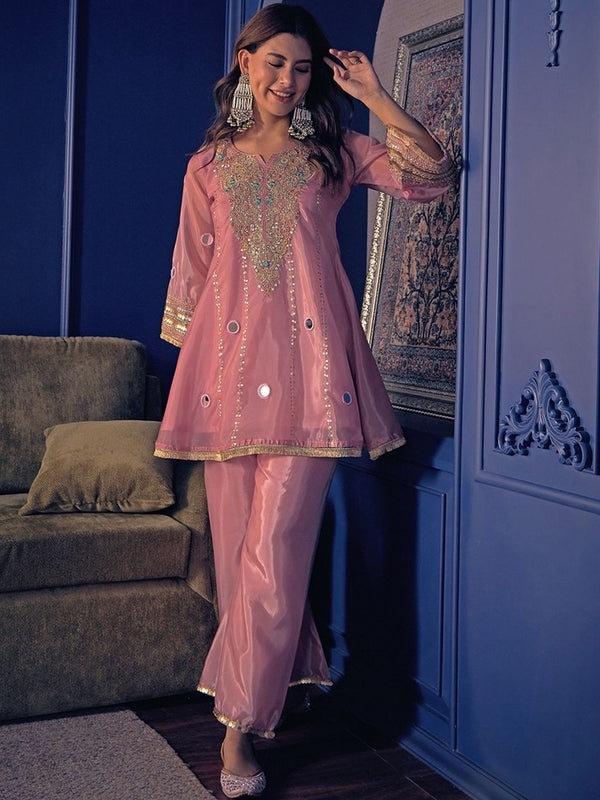 Women's Embroidered Silk Crepe Short Kurta With Pant Set