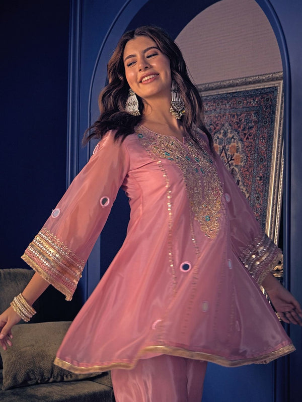 Women's Embroidered Silk Crepe Short Kurta With Pant Co-Ord Set