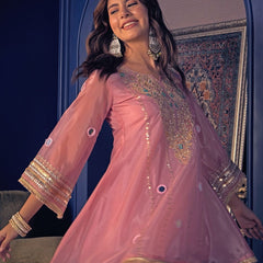 Women's Embroidered Silk Crepe Short Kurta With Pant Set