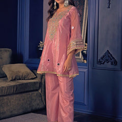 Women's Embroidered Silk Crepe Short Kurta With Pant Co-Ord Set