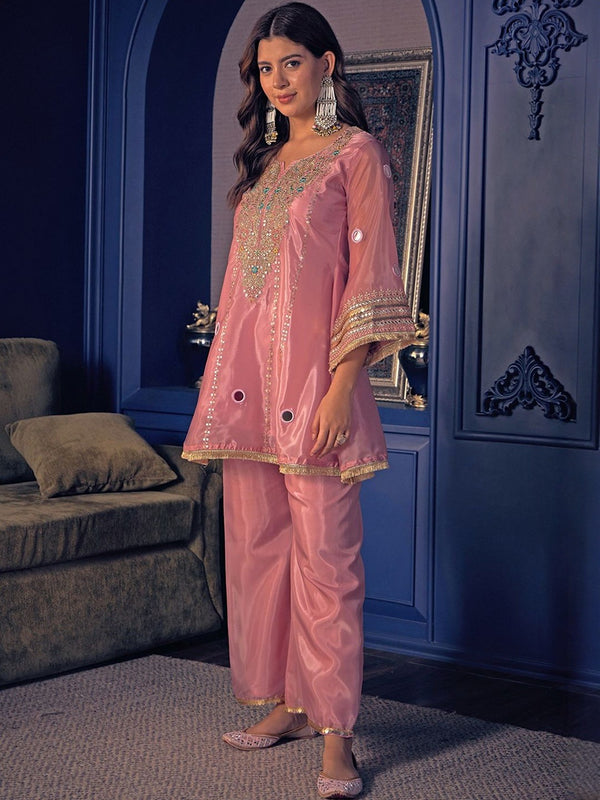 Women's Embroidered Silk Crepe Short Kurta With Pant Set