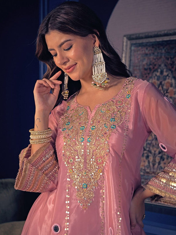 Women's Embroidered Silk Crepe Short Kurta With Pant Co-Ord Set