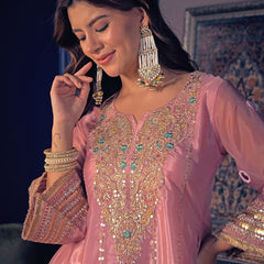 Women's Embroidered Silk Crepe Short Kurta With Pant Set