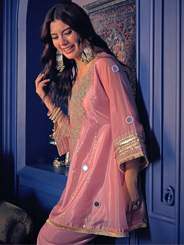 Women's Embroidered Silk Crepe Short Kurta With Pant Set