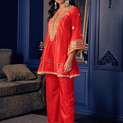 Women's Embroidered Silk Crepe Short Kurta With Pant Co-Ord Set