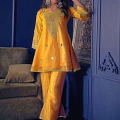 Women's Embroidered Silk Crepe Short Kurta With Pant Set