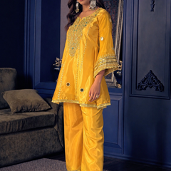 Women's Embroidered Silk Crepe Short Kurta With Pant Co-Ord Set