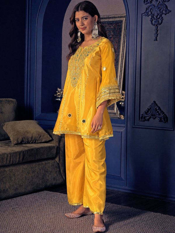 Women's Embroidered Silk Crepe Short Kurta With Pant Set