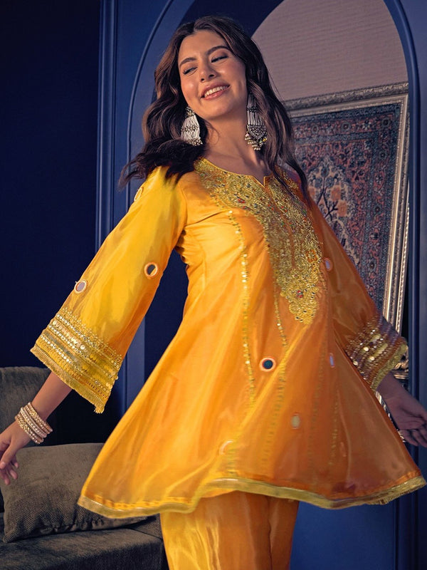 Women's Embroidered Silk Crepe Short Kurta With Pant Co-Ord Set