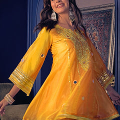 Women's Embroidered Silk Crepe Short Kurta With Pant Set