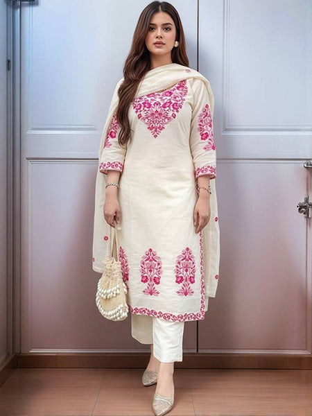 Women's Cotton Kurta Pant Set With Chanderi Dupatta