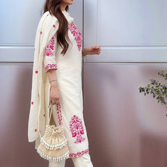 Women's Cotton Kurta Pant Set With Chanderi Dupatta