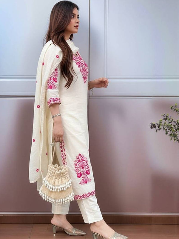 Women's Cotton Kurta Pant Set With Chanderi Dupatta