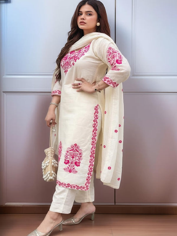 Women's Cotton Kurta Pant Set With Chanderi Dupatta