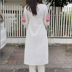 Women's Cotton Kurta Pant Set With Chanderi Dupatta