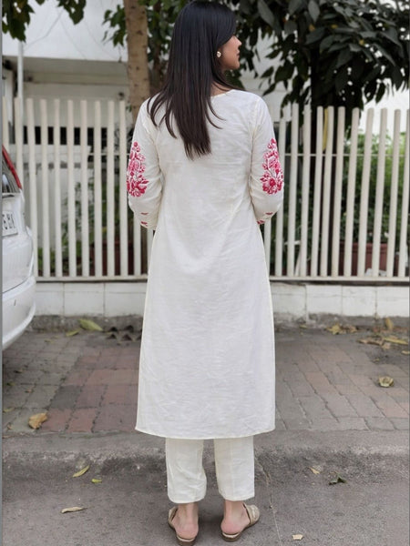 Women's Cotton Kurta Pant Set With Chanderi Dupatta
