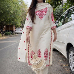 Women's Cotton Kurta Pant Set With Chanderi Dupatta