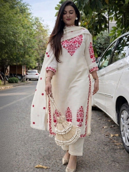 Women's Cotton Kurta Pant Set With Chanderi Dupatta