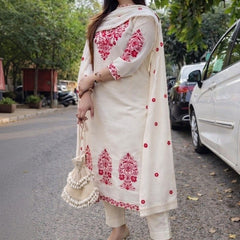 Women's Cotton Kurta Pant Set With Chanderi Dupatta