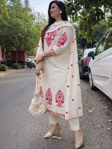 Women's Cotton Kurta Pant Set With Chanderi Dupatta