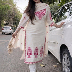 Women's Cotton Kurta Pant Set With Chanderi Dupatta