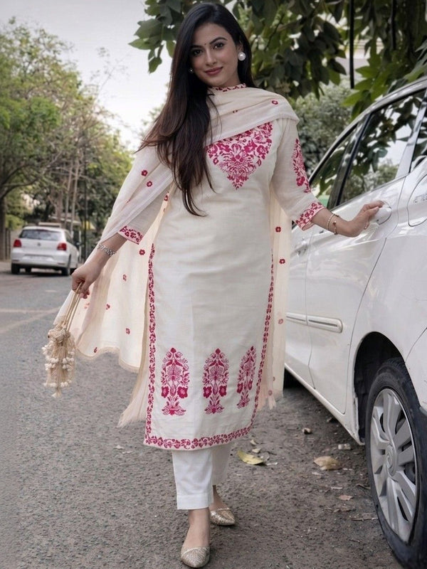 Women's Cotton Kurta Pant Set With Chanderi Dupatta