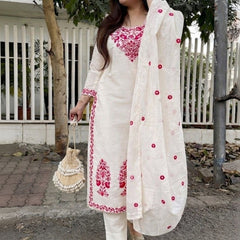 Women's Cotton Kurta Pant Set With Chanderi Dupatta