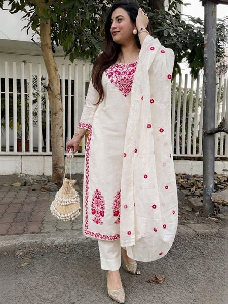 Women's Cotton Kurta Pant Set With Chanderi Dupatta