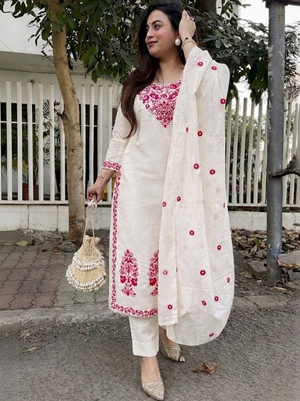 Women's Cotton Kurta Pant Set With Chanderi Dupatta