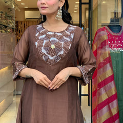 Silk Blend Kurta Set With Chanderi Dupatta