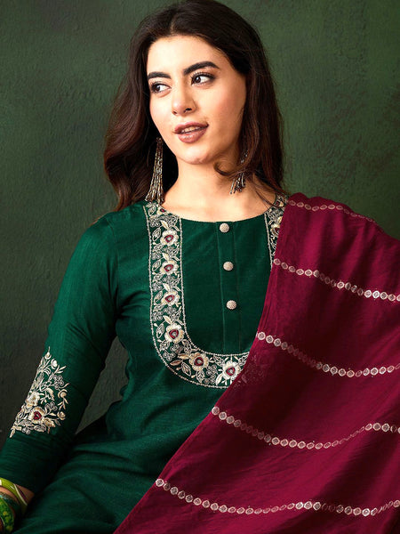 Woven Design Silk Blend Kurta Set with Zari Dupatta