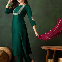 Woven Design Silk Blend Kurta Set with Zari Dupatta