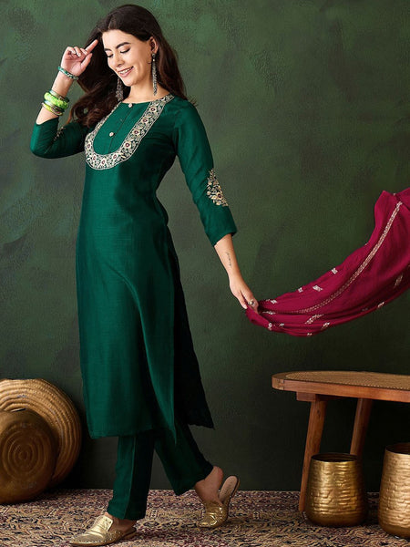 Woven Design Silk Blend Kurta Set with Zari Dupatta