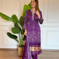 Women’s Viscose Embroidered Kurta with Cotton Bottom & Chanderi Cotton Dupatta Set